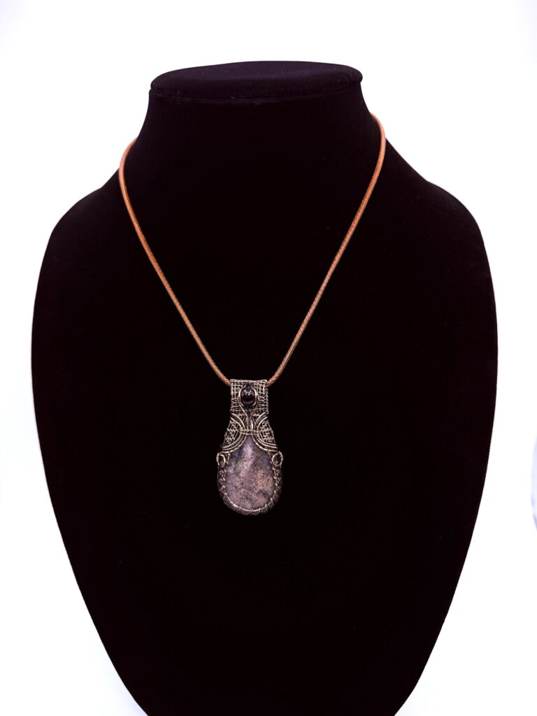 Vibrant Bloom Wire Wrapped Moss Agate Necklace 2 Photo of Vibrant Bloom Wire Wrapped Moss Agate Necklace On a neck form