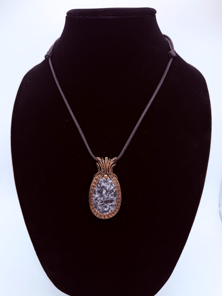 Photo of Spiritual Calm Wire Wrapped Pinolith Jasper Necklace on a neck form