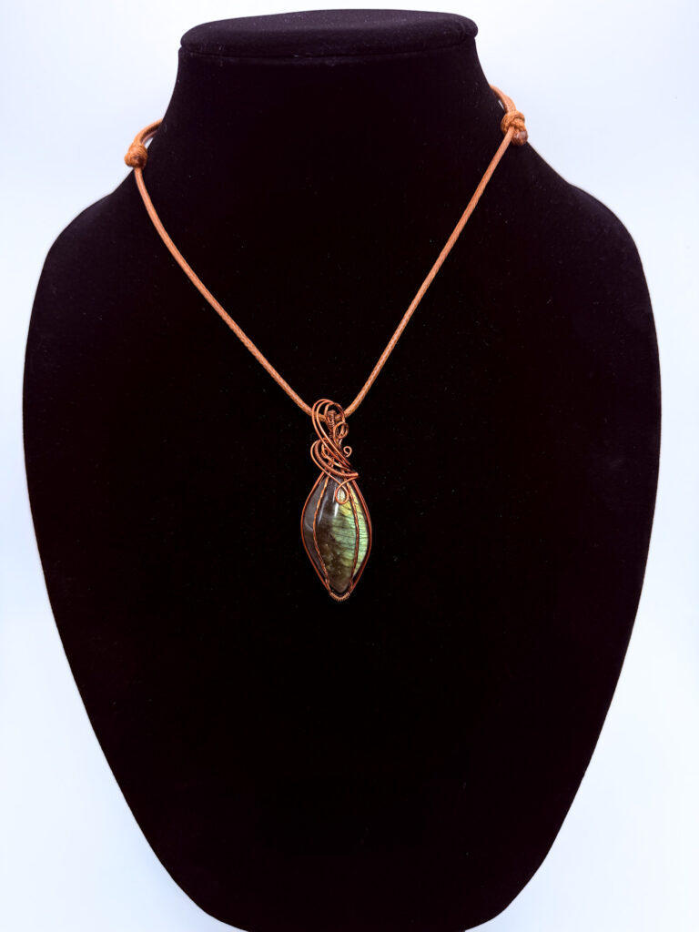 Inner Magic Wire Wrapped Marquise Labradorite Necklace 6 Photo of Inner Magic Wire Wrapped Marquise Labradorite Necklace on a neck form
