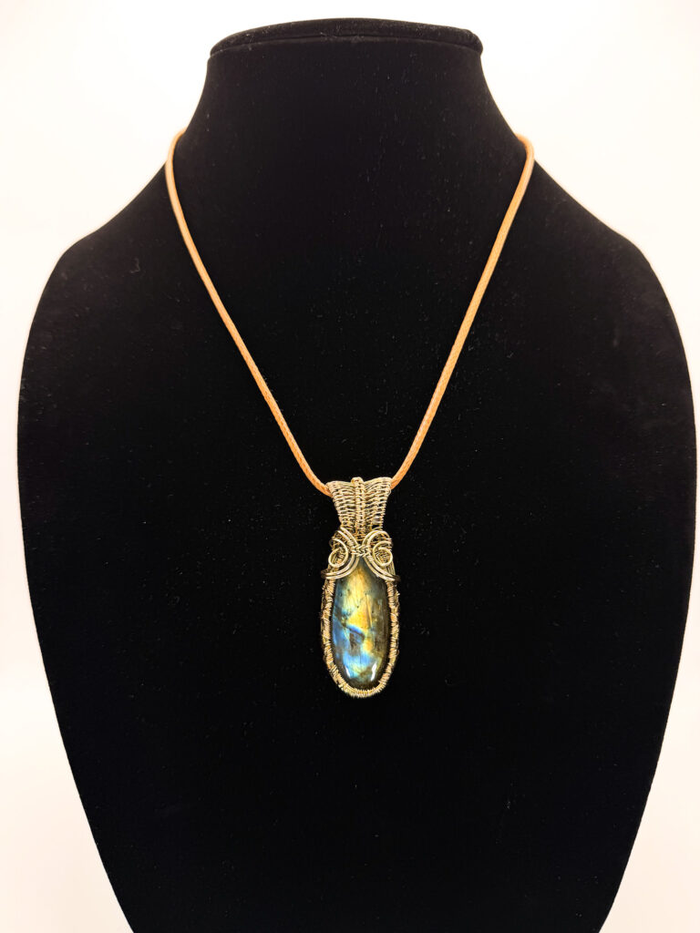 Timeless Magic Wire Wrapped Labradorite Necklace 6 Photo of Timeless Magic Wire Wrapped Labradorite Necklace on a neck form