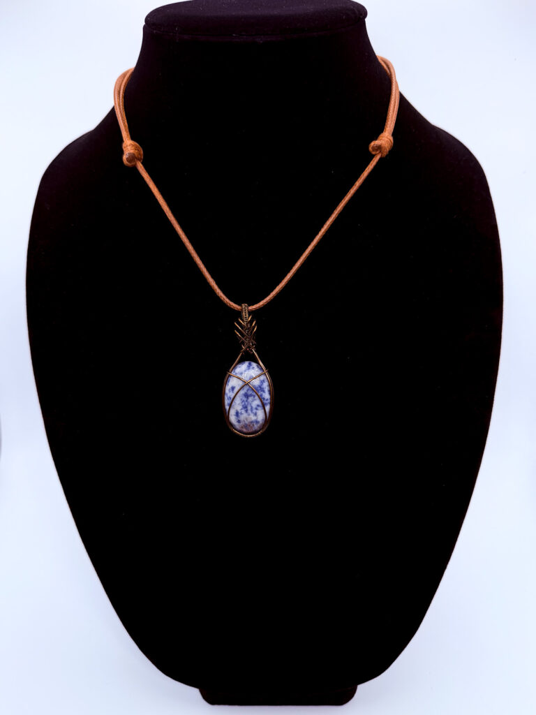 Peaceful Energy Wire Wrapped Sodalite Necklace 6 Photo of Peaceful Energy Wire Wrapped Sodalite Necklace on a neck form