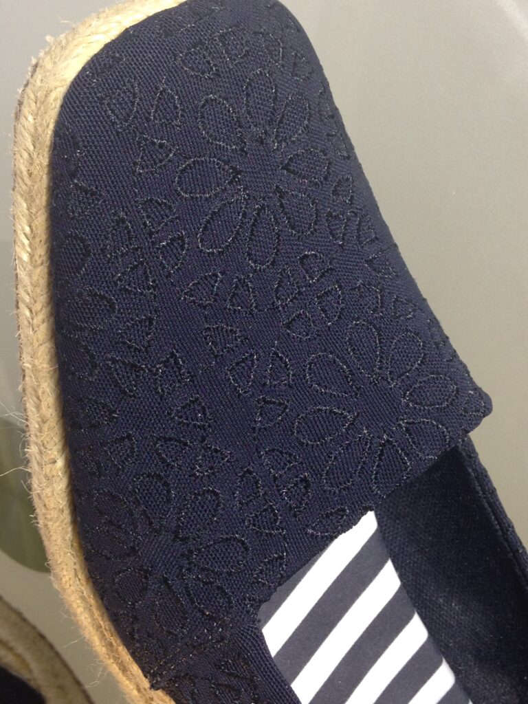 Vintage Liz Claiborne Navy Wedge Espadrille Shoes 4 Navy espadrille canvas pattern close up