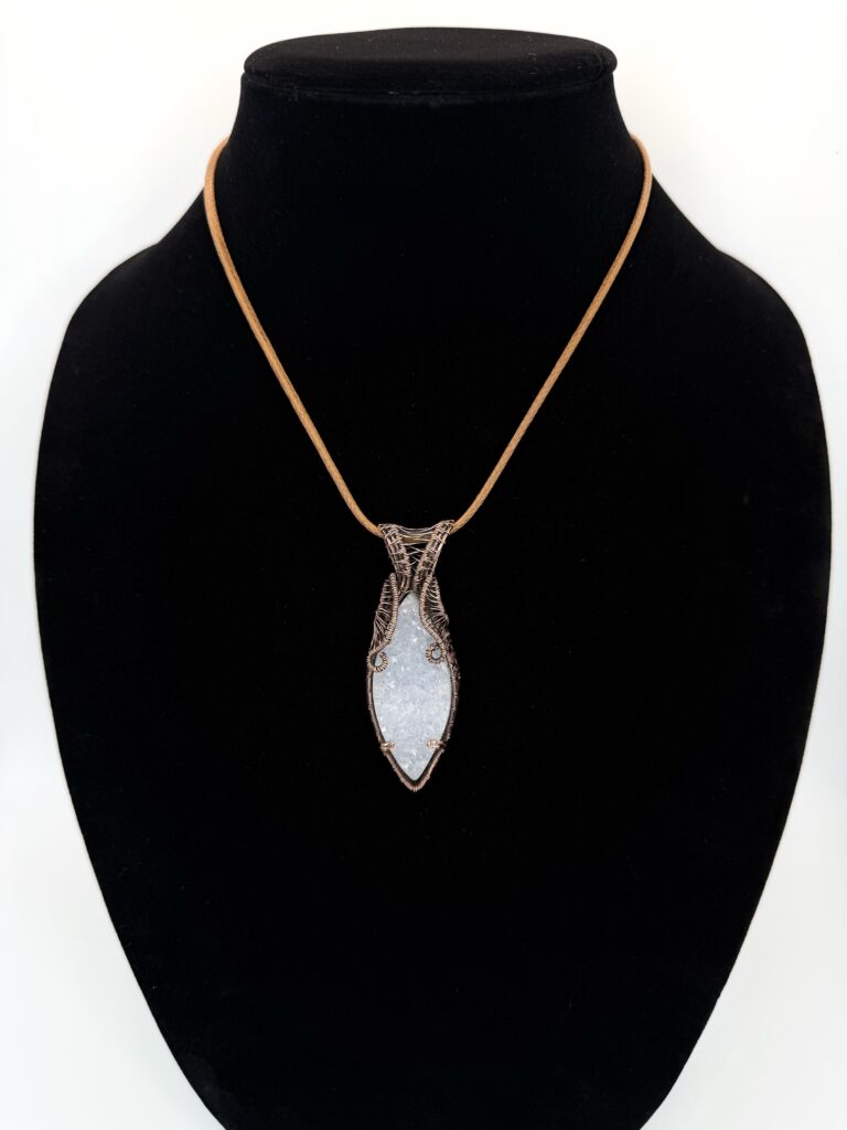 Sparkling Light Wire Wrapped Druzy Agate Necklace 6 Photo of Sparkling Light Wire Wrapped Druzy Agate Necklace on a neck form
