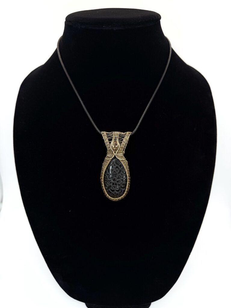 Photo of Sacred Glow Wire Wrapped Gold Sheen Obsidian Necklace on a neck form