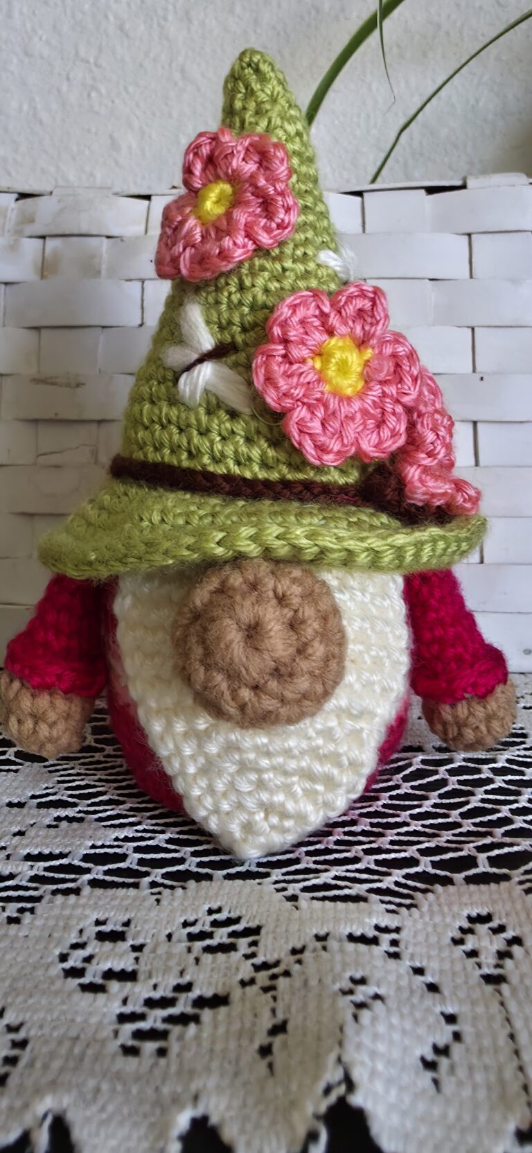 Handmade adorable rose-colored amigurumi gnome with pink flowers a whimsical gift 1 rose and green gnome 2