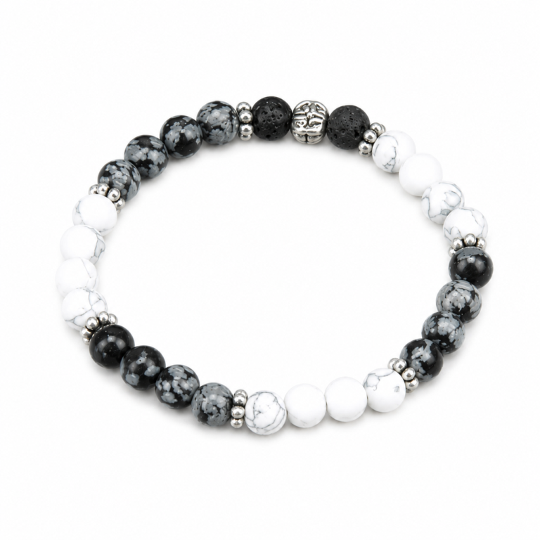 Snowflake Obsidian and Howlite Stretch Bracelet 1 Black and white bracelet made from snowflake obsidian and howlite beads. Snowflake obsidian is black with gray running throughout the stone. Some beads are mostly black and others are mostly gray.