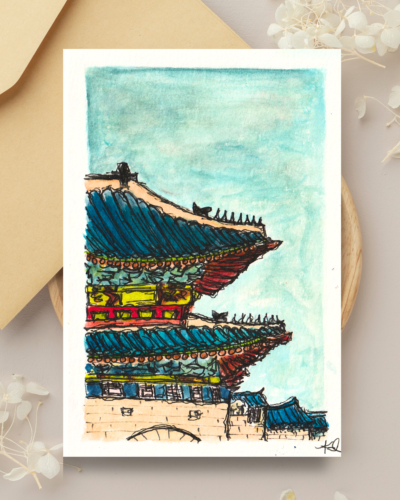 Cool South Korean Palace 4x6 Watercolor Art Print