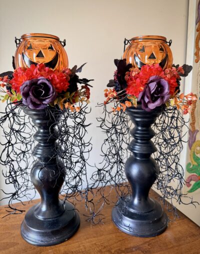 Set of 2 Halloween Pumpkin Glass Candle Holders | Gothic Fall Decor