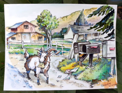 Original illustration of an escaped goat eating someone's mail.
