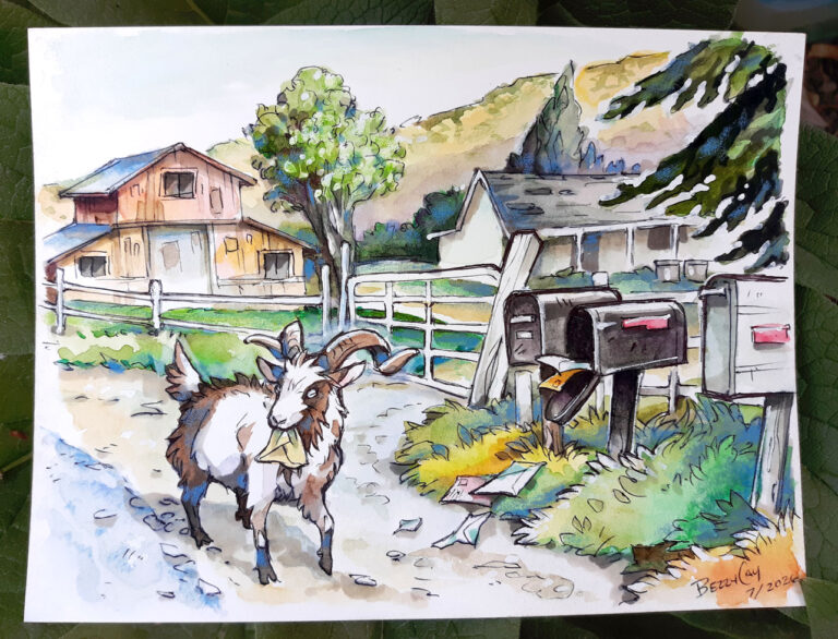 Original illustration of an escaped goat eating someone's mail.