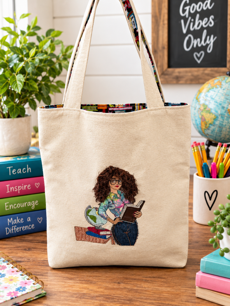 3D Machine Embroidered Tote Bag 1 Brunette Teacher Tote Bag