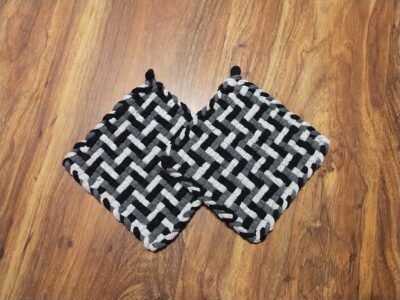 gray woven potholders