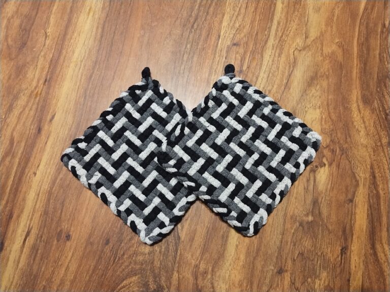 gray woven potholders