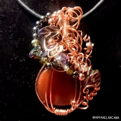 Mabon ~ Carnelian Hematite & Glass Pumpkin Wire Wrapped Pendant