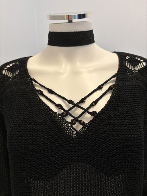 BCBG MAXAZRIA Black Knit Sweater 4 Sheer sweater close up top rotated
