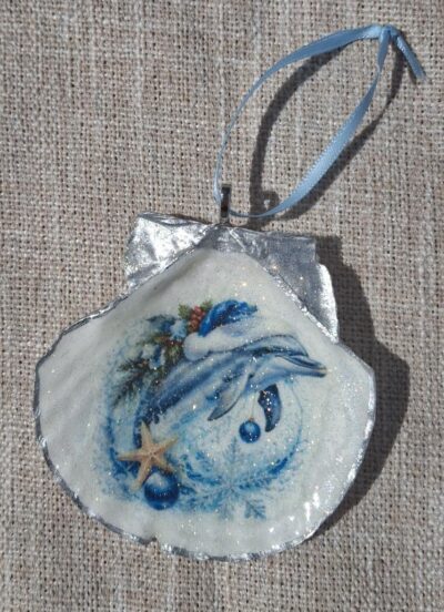 Handmade Coastal Christmas Dolphin Seashell Ornament – Blue Nautical Holiday Decor