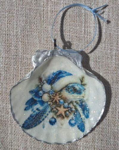 Handmade Coastal Christmas Sea Turtle Seashell Ornament – Blue Beach Holiday Decor