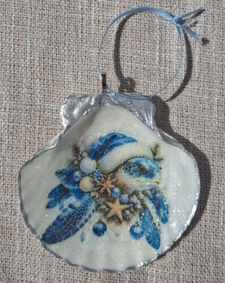 Handmade Coastal Christmas Sea Turtle Seashell Ornament – Blue Beach Holiday Decor 1 1000011203