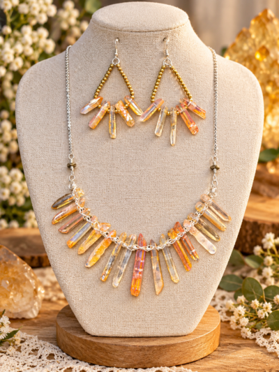 Golden Fire Citrine Aura Titanium Quartz Jewelry Set