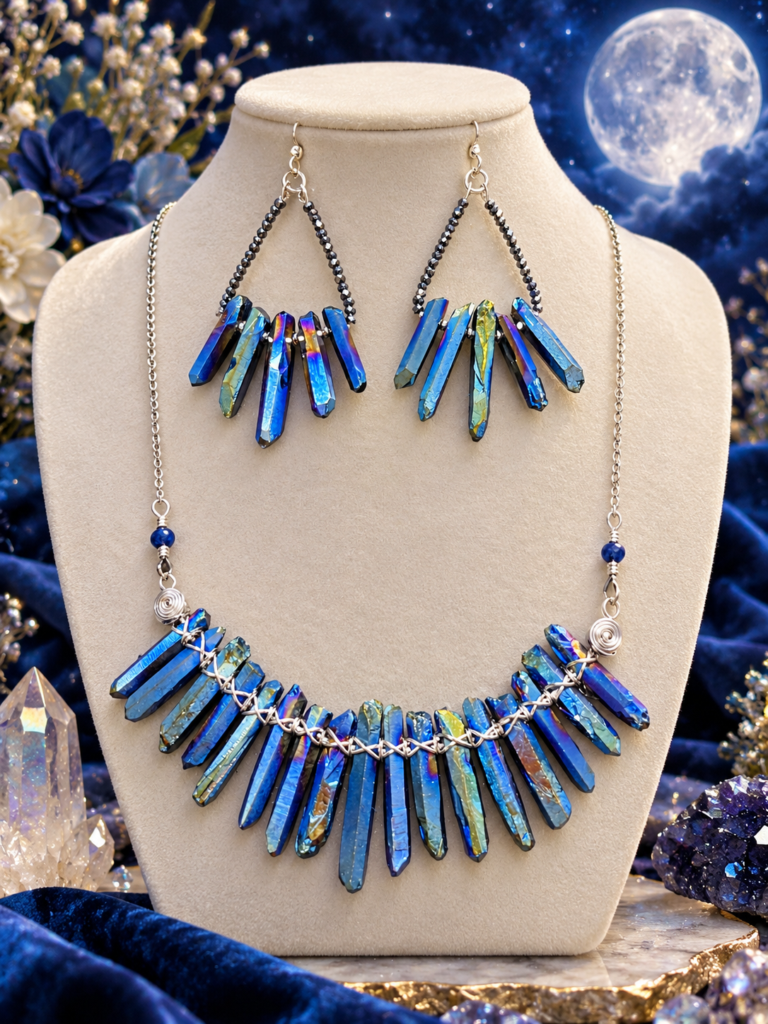Blue Titanium Crystal Quartz handmade necklace and matching earrings-Midnight Aurora jewelry set