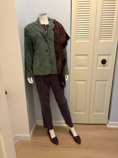 Vintage Jones New York Teal Green Suede Jacket 1 Suede Jacket full outfit front 1 rotated