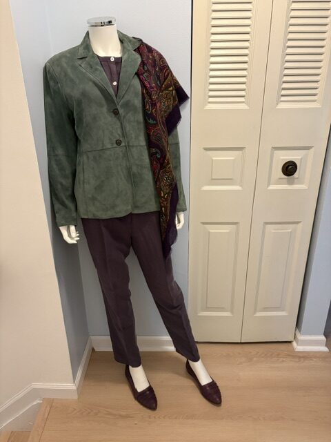 Vintage Jones New York Teal Green Suede Jacket 10 Suede jacket full outfit front 2