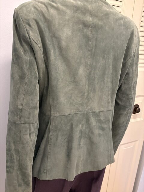 Vintage Jones New York Teal Green Suede Jacket 4 Suede jacket back seams view rotated